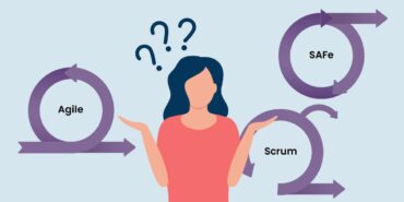 Graphic illustration of women with question marks and visual icons for agile, scrum and safe